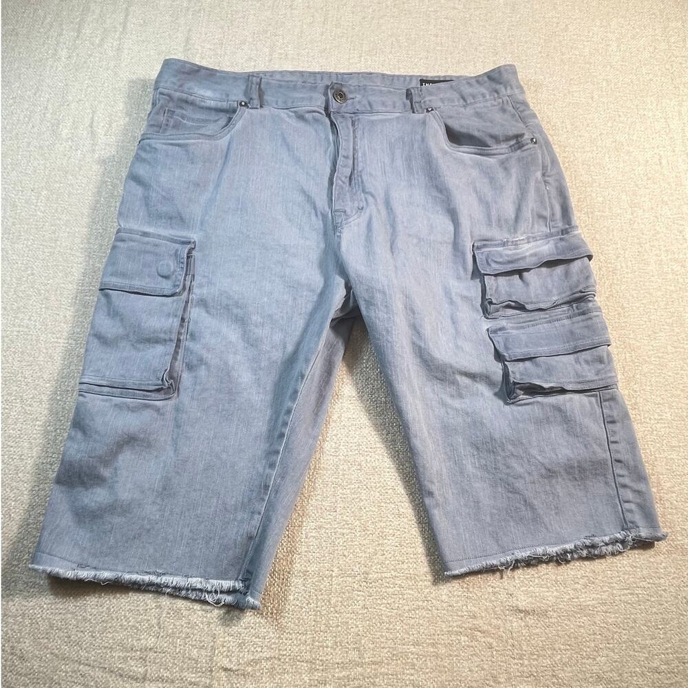 Smoke Rise Men’s 38 Blue Dusty Utility Cargo Denim Shorts Raw Hem Streetwear
